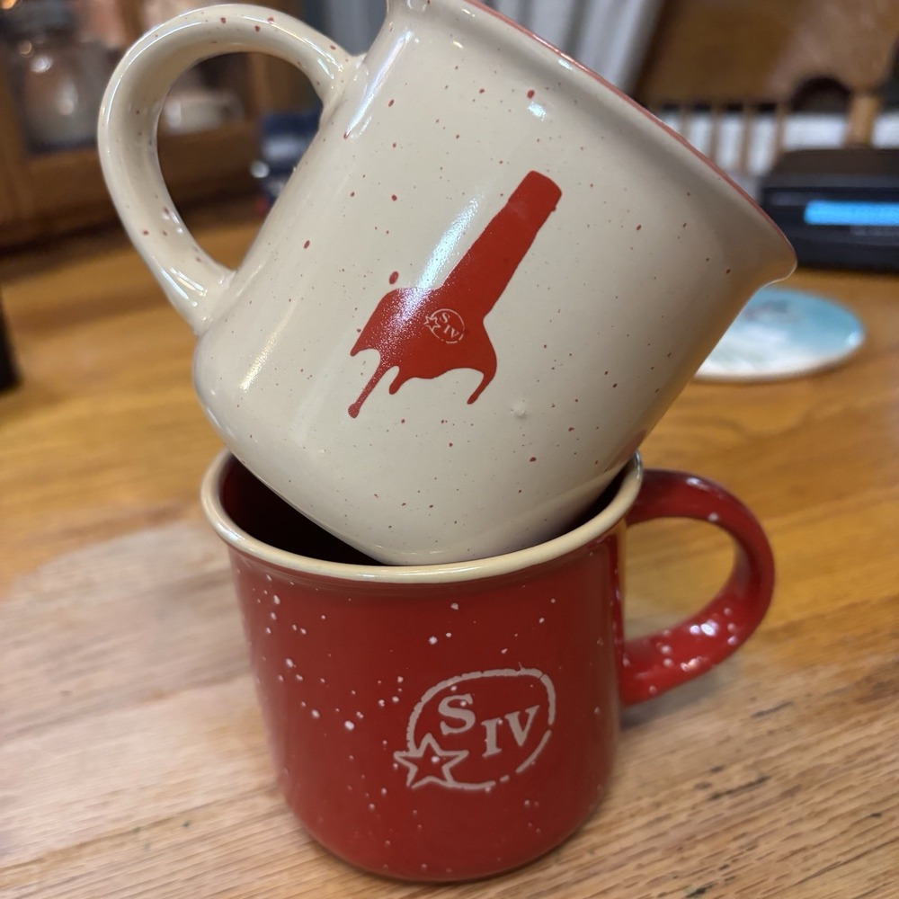 Markers Mark Ceramic‎ Coffee Or Tea Mug Cup Set Of 2 Cream And Red With Logos